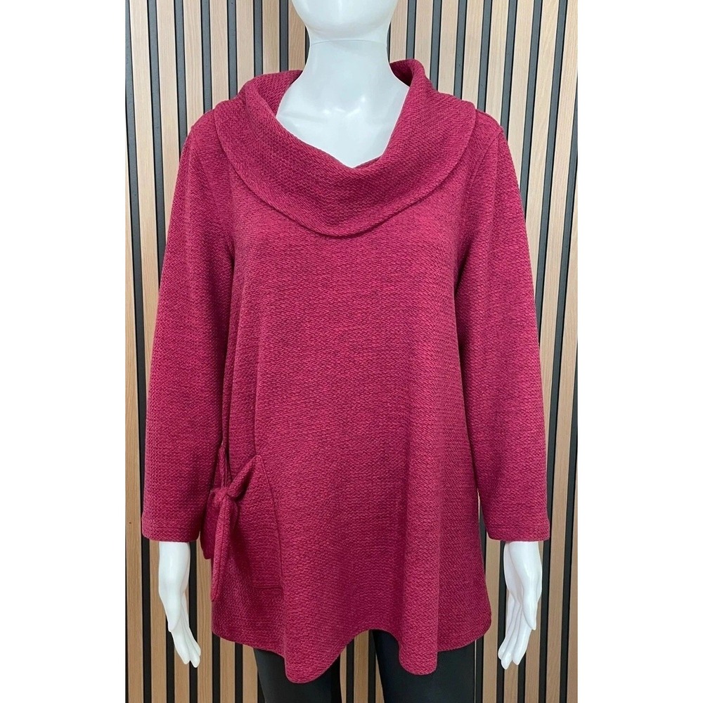 Ali Miles Women's Top Blouse Tunic‎ Lagenlook Cowl Neck Stretch Woven S Maroon